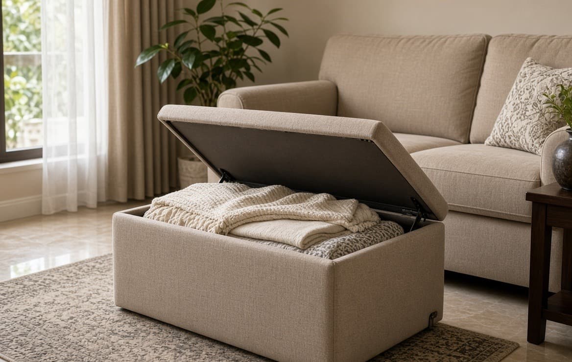 A storage ottoman standing open beside a sofa in the same cloth, folded throws inside it