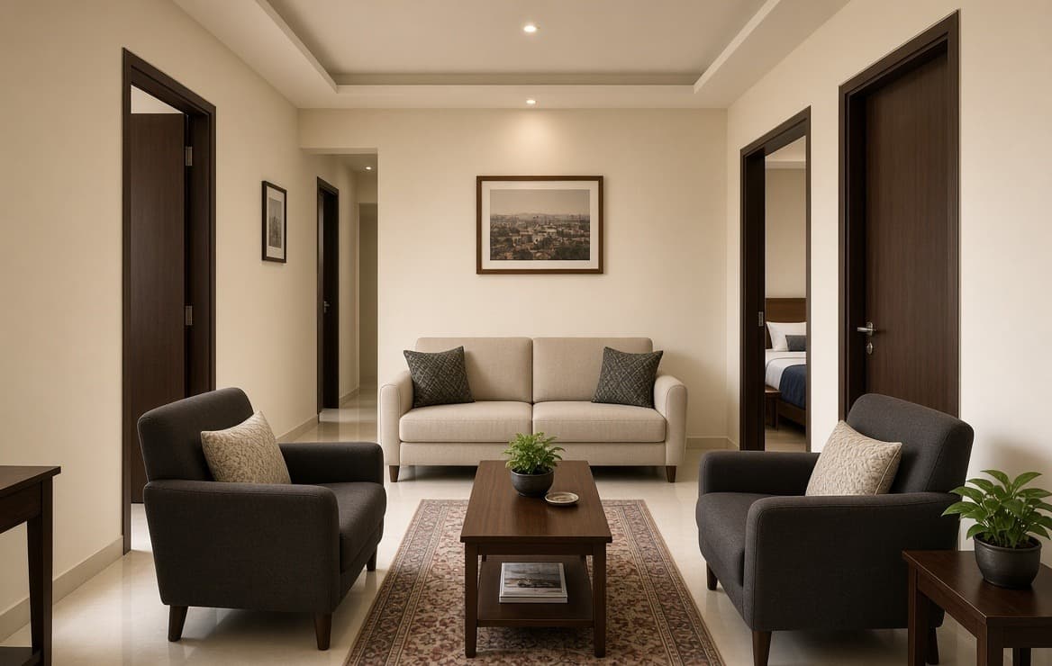 A small flat furnished with a two-seat sofa and two armchairs around a low table, with floor left to walk round all four sides