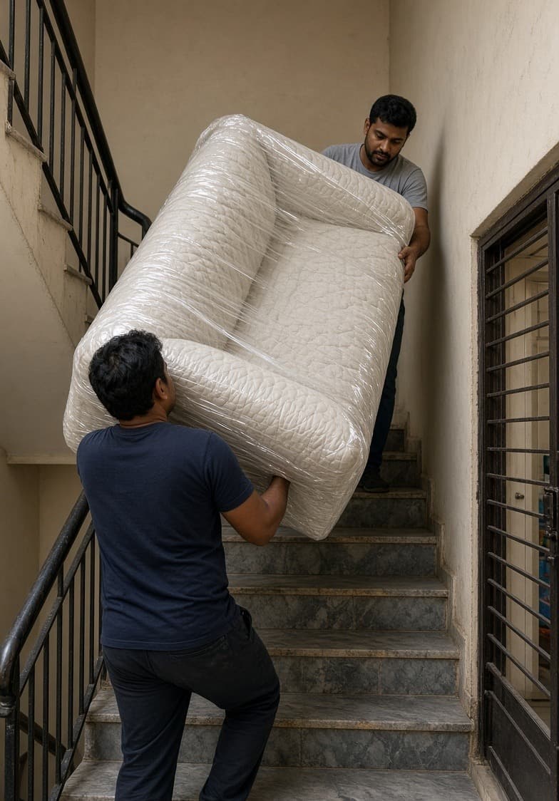 Two men carrying a stretch-wrapped sofa up an apartment stair, one walking backwards below it and one guiding from the landing above