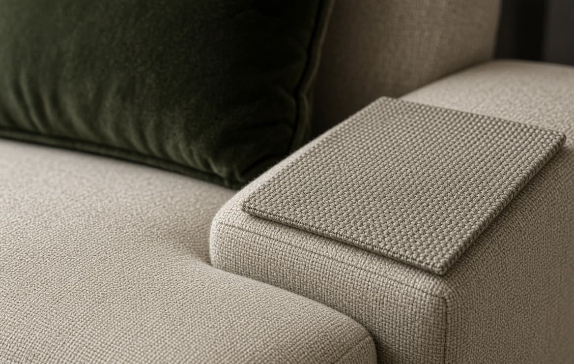 A close view of three cloths on one sofa: a velvet back cushion, a flat tight weave on the seat and a chunky bouclé panel that is there to be looked at