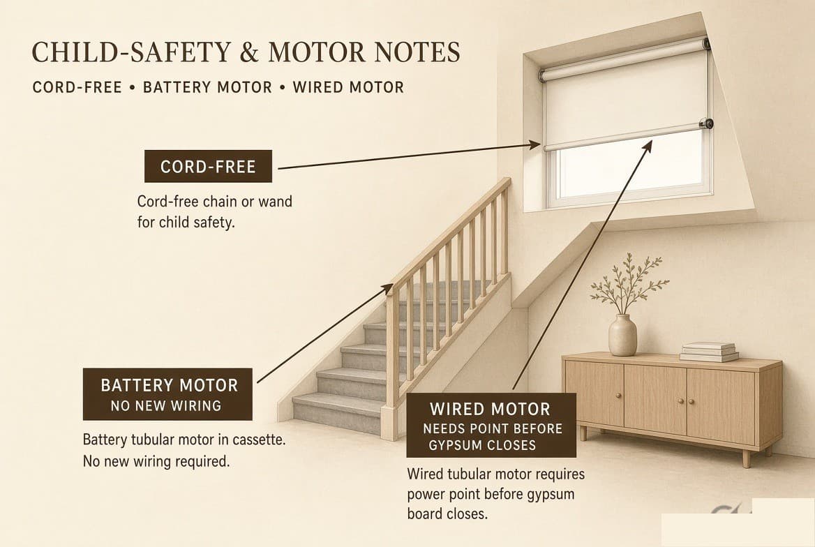 Child-safety and motor notes — a cord-free chain or wand, a battery tubular motor in the cassette needing no new wiring, and a wired motor that needs a power point at the head before the gypsum closes