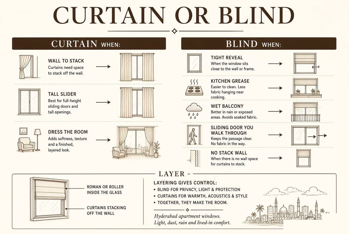 A comparison chart — curtains when there is wall to stack into, a tall slider, or the room wants dressing; blinds when the reveal is tight, the balcony is wet, there is grease from a hob, or a sliding door is walked through daily