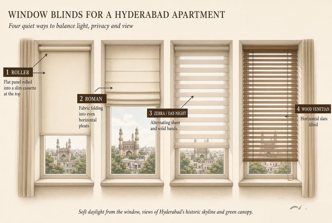 The same window shown with four blinds — a flat roller rolled into a cassette at the top, a Roman folding into horizontal pleats, a zebra with alternating sheer and solid bands, and a wood Venetian with tilting slats