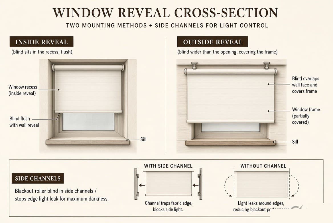Two mounting methods compared in cross-section — an inside-reveal blind sitting flush in the recess, and an outside-reveal blind mounted wider than the opening and covering the frame — with a detail showing how side channels trap the fabric edge