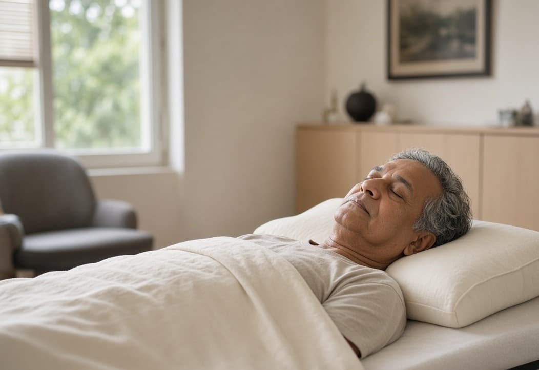 A pillow at low loft under a sleeper lying on their back