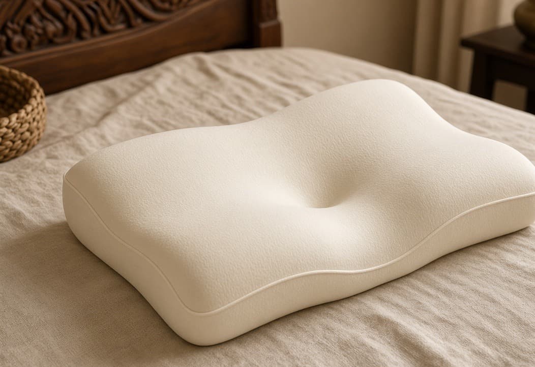 A contoured cervical pillow, with a dip for the head and a raised ridge along the edge for the neck