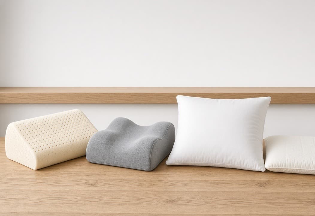 Four pillows lined up on a wooden shelf — a pin-core latex block, a contoured cervical pillow, a plump fibre pillow and a thin low-loft one
