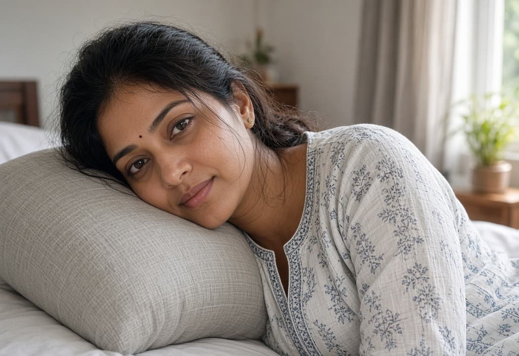 A woman lying on her side with her head on a pillow, the pillow filling the space between her ear and her shoulder
