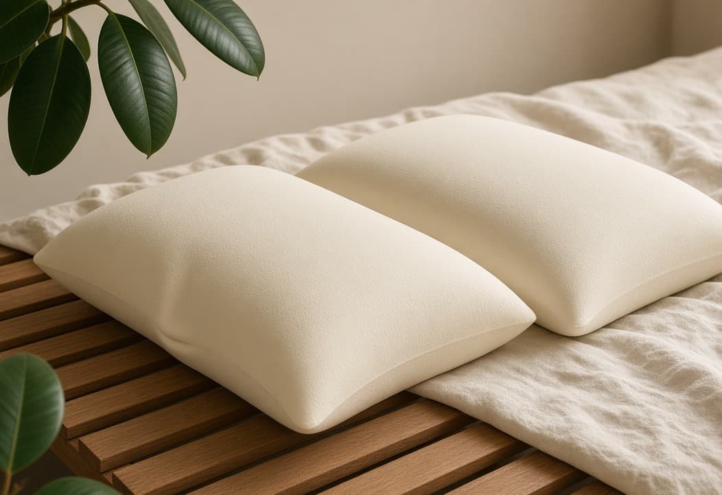 Two matching latex pillows side by side on a slatted bed base