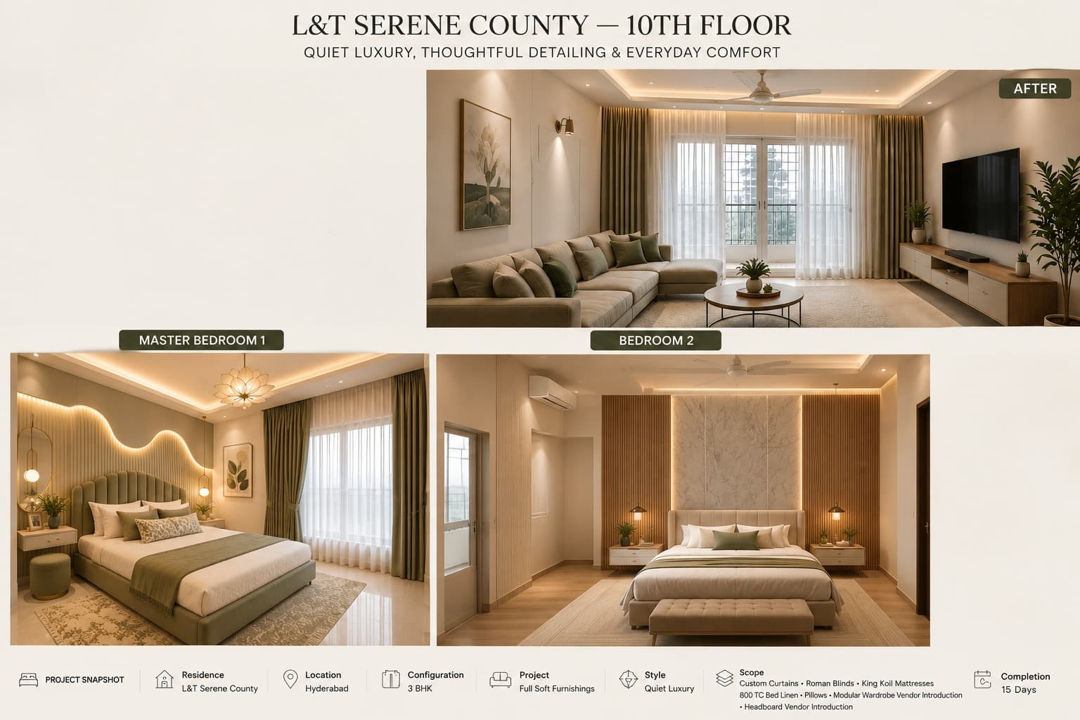 L&T Serene County — a living room with olive curtains and white sheers across balcony doors, a master bedroom with a fluted olive headboard, and a second bedroom in warm wood and marble.