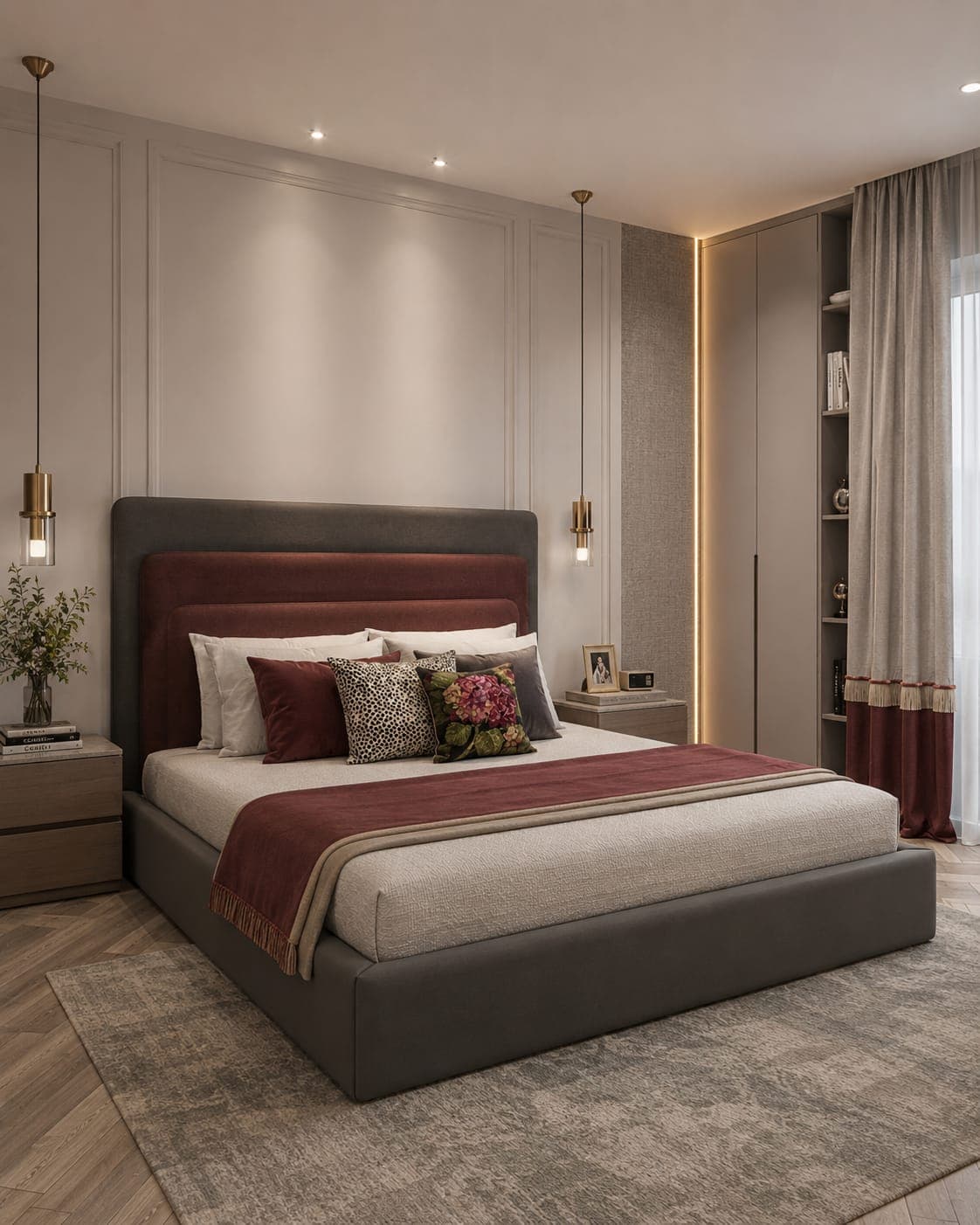The bedroom at NSL Nakshatra — a charcoal upholstered bed with a burgundy velvet headboard panel, white bedding under a burgundy throw, brass and glass pendants hanging either side, a wardrobe run with a lit shelving column, and a full-height curtain banded and fringed in burgundy.