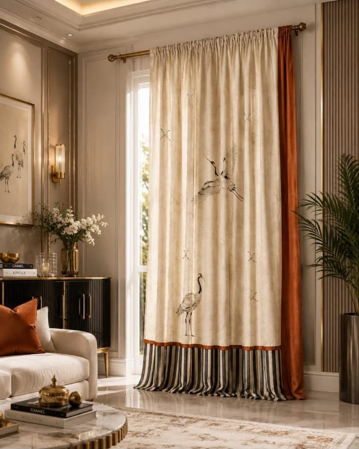 The same window closer — a cream crane-print curtain on a brass rod with a gathered heading, a rust velvet panel down the leading edge, a rust band and a black and cream striped fringe at the hem, and a white sheer visible against the glass behind it.