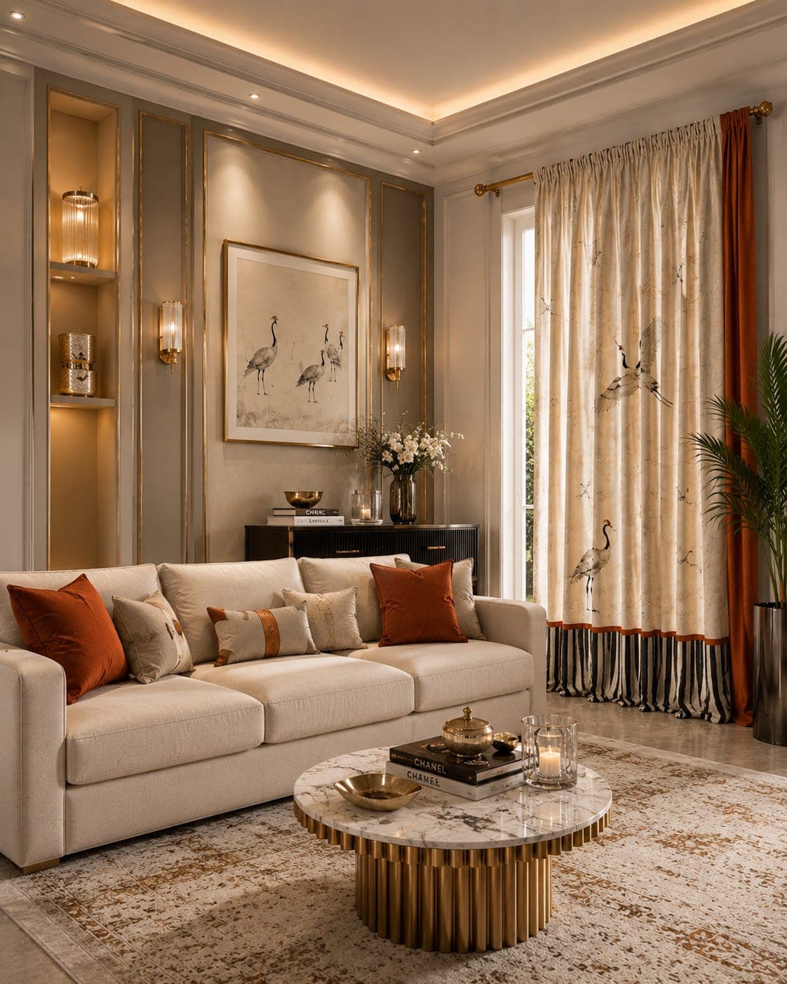 The living room at NSL Nakshatra — a cream three-seat sofa with rust velvet cushions, a round marble coffee table on a fluted brass base, a panelled wall with a framed crane painting between two fluted glass wall lights, and a full-height window in a crane-print curtain with a rust velvet panel at its leading edge.
