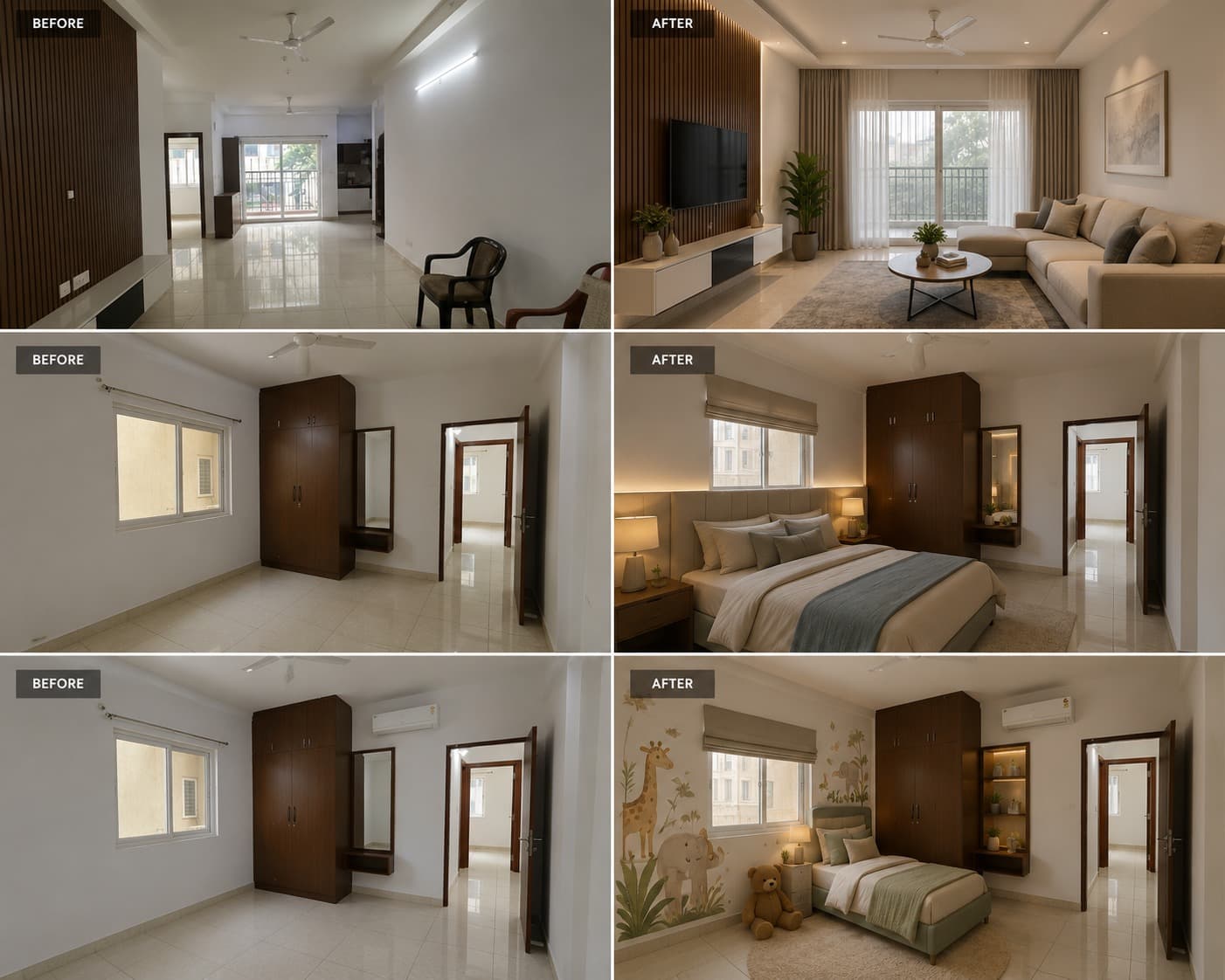 Three rooms at Prestige High Fields before and after — a living room with layered sheers and blackout curtains, a master bedroom with a Roman blind and upholstered headboard, and a child’s room with a mural and a single bed.